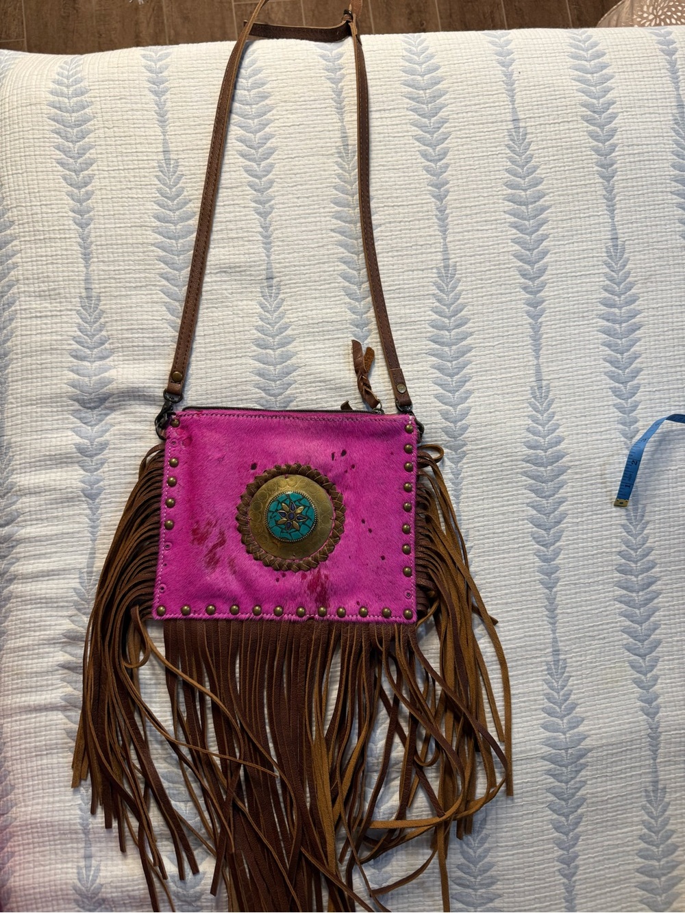 American Darling Hot Pink and Brown Fringe Crossbody with Southwestern Medallion